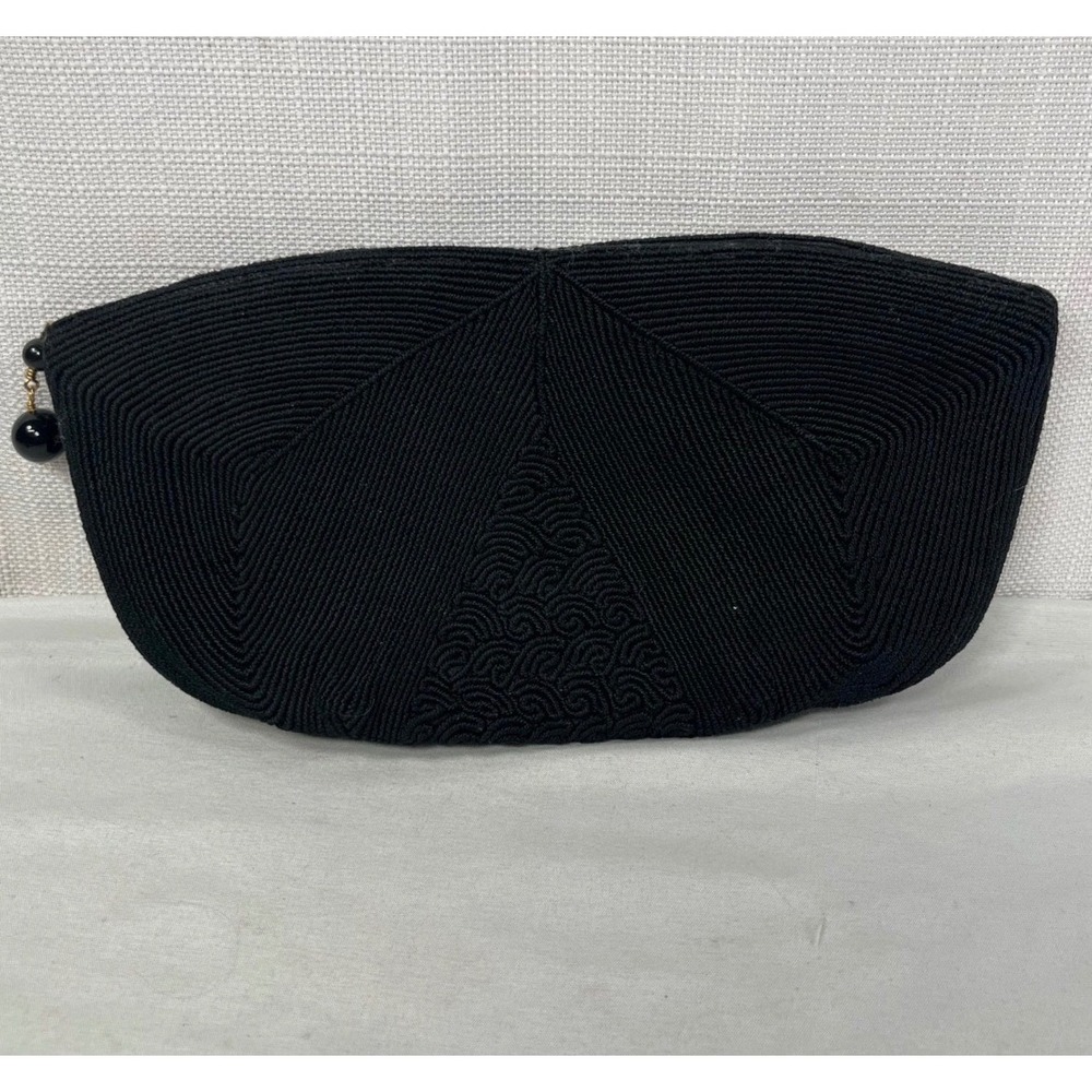 Vintage Black Corded Soutache Evening Clutch Bag Geometric Textured Zipper Pouch